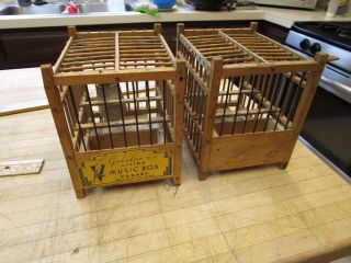 2 Geisler Living Music Box Small Primitive Vintage Wood Bird Canary Cage