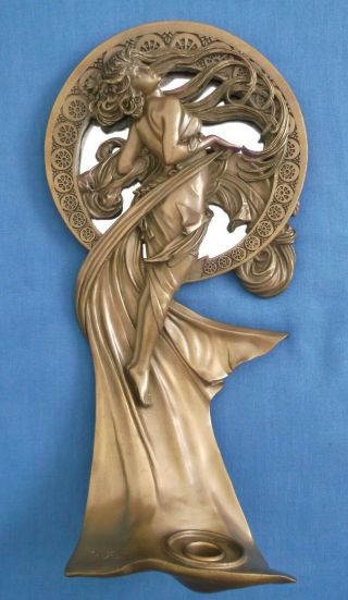 Vintage Past Times Alphonse Mucha Bronze Art Nouveau Lady Mirror Candleholder
