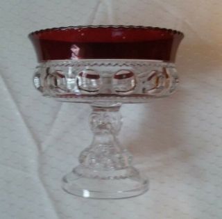 Vintage Red & Clear Glass Candy Dish Pedestal Kings Crown Antique Compote Party