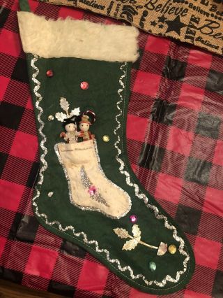 Vintage Christmas Stocking Felt Glitter Sequins Candy Cane Dolls Spun Cotton