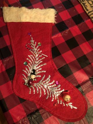 Vintage Christmas Stocking Felt Glitter Sequins Candy Cane Spun Cotton