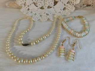 Vintage Glass Faux Pearl Beaded Necklace,  Mop Pierced Earrings And Bracelet Set