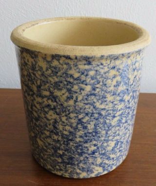 Spongeware Pottery,  Vintage Blue & Cream Stoneware Heavy Crock,  5 3/8 " X 5 1/8 "