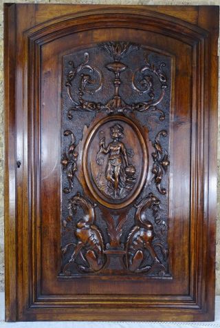 Large Antique French Hand Carved Solid Walnut Wood Door Panel Woman & Griffins
