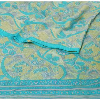 Sanskriti Vintage Saree Pure Georgette Silk Blue Printed Sari Soft Craft Fabric 2