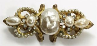 Vintage Signed Miriam Haskell Ornate Gold Tone Niki Pearl Bead Bar Brooch Pin