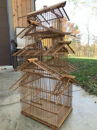 Vintage Chinese Bamboo 4 Tier Pagoda Hanging Bird Cage 29 " Tall