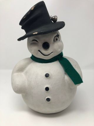 Vtg Paper Mache Snowman Candy Holder Container Xmas Large 10” W/ Hat & Scarf