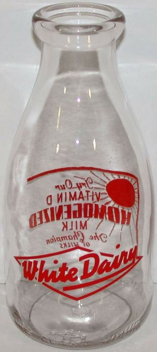 Vintage Milk Bottle White Dairy Sun Pictured Dated 1940 Rpq Round Pyro Quart