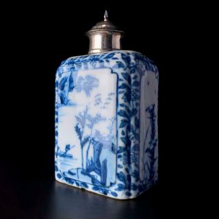 Antique Chinese Kangxi Tea Caddy 18th Century Blue & White Porcelain Silver Top