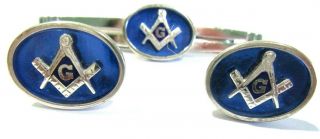 VINTAGE MASON ' S BLUE AND SILVER ANSON SIGNED CUFFLINKS TIE CLIP SET 2