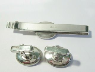 VINTAGE MASON ' S BLUE AND SILVER ANSON SIGNED CUFFLINKS TIE CLIP SET 3