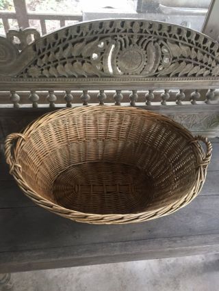 Antique Vintage French Country Farmhouse Wicker Laundry Basket Primitive 2