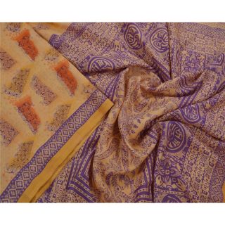 Sanskriti Vintage Cream Ethnic Saree Pure Silk Printed Sari Craft 5 Yard Fabric
