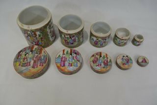 Antique Chinese Canton Famille Rose Porcelain Lidded Pot Jar x 5 Rare Set VGC 2