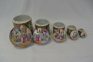 Antique Chinese Canton Famille Rose Porcelain Lidded Pot Jar x 5 Rare Set VGC 3