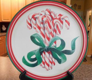 Vintage 1994 Metal Christmas Candy Cane Round Serving Tray Sign Beury Potpourri