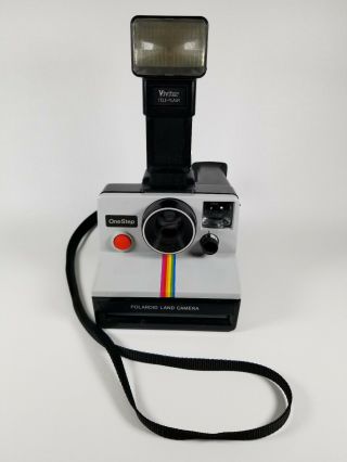Vintage One Step Polaroid Land Camera Sx - 70 With Vivitar Tele Flash And Strap