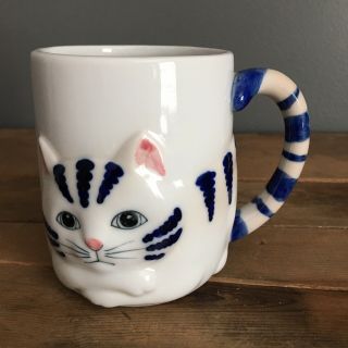 Vintage White Cat Kitty Kitten Coffee Mug Cup Tail Handle Blue Stripes