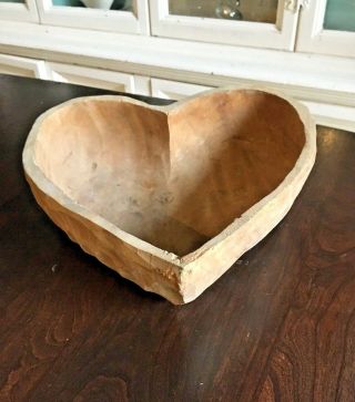 Vintage Rustic Heart Shaped Hand Carved Wood Bowl Primitive Farmhouse 9.  5 "