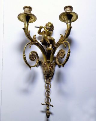 Early 20c Antique Figural Neoclassical Gilt Bronze Sconce Wall Candleholder