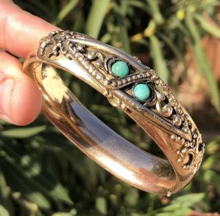 Antique S.  O Bigney & Co Gold Filled Hinged Floral Turquoise Cabochons Bangle