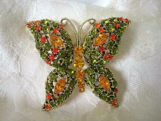 Vintage Gold Tone Rhinestone Butterfly Pin Brooch With Green Amber Orange Stones