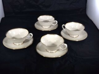 4 Vintage Lenox Mansfield China Tea Cup And Saucer Set Ivory With Gold Trim