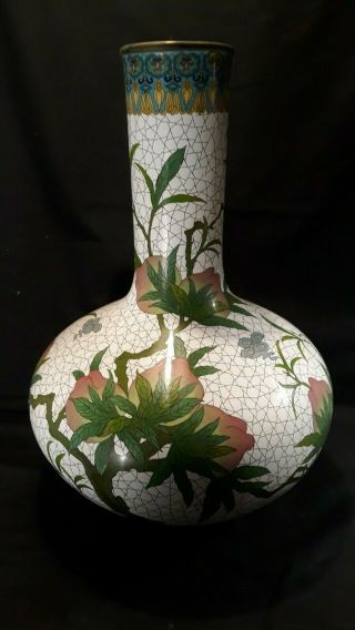 Large Antique Chinese Cloisonne Bottle Vase With 9 Peaches,  Butterflies Signed