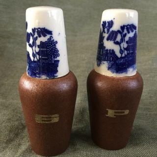 Vintage Blue Willow Porcelain And Wood Salt & Pepper Shakers