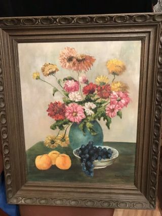Vintage Floral Still Life Framed Oil On Canvas Painting Flowers And Fruit