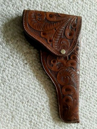 Vintage Tooled Leather Gun Holster,  H - S 5 1/2,  Rh,  Reves Made In Mexico
