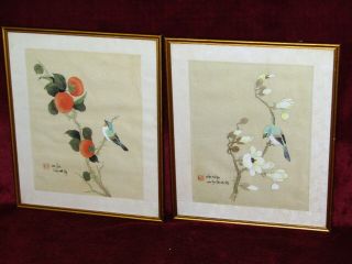 A Vintage Hand Painted Birds On Trees Chinese Signed Picture On Silk