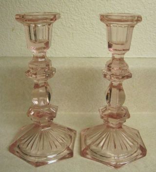 Vtg Pair Jeannette Depression Glass 7 1/2 " Pink Candlestick Candle Holders - Euc