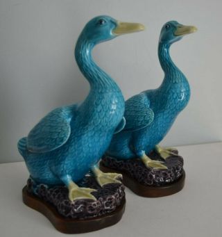 Chinese Blue - Glaze Duck Porcelain Statue With Stand