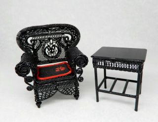 Vintage Metal " Wicker " Patio Chair & Table Dollhouse Miniature 1:12