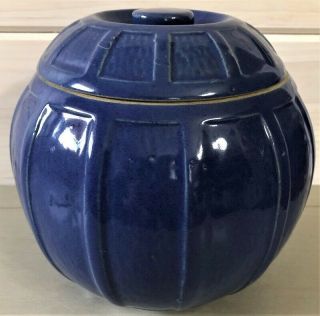 Vintage Round Paneled Blue Glaze Art Pottery Stoneware Cookie Jar W/ Lid Ex Cond