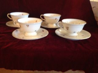 Vintage Pickard Floral Chintz China Set Of 4 Footed Cups And Saucers Look