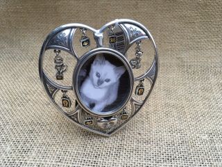 Vintage Cat Kitty Pet Picture Photo Frame By Brighton Mini Silver Heart Charms
