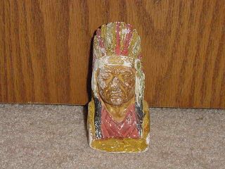 Vintage Chalkware Indian Chief Head Bust 4 1/2 " Tall Shows Paint Loss Still Neat