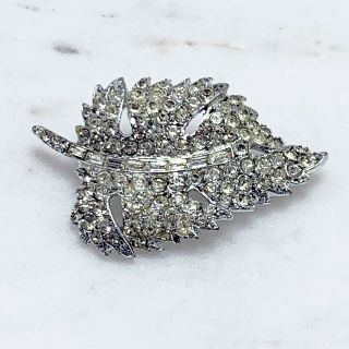 Vintage Wedding Crystal Rhinestone Leaf Flower Silver Tone Brooch Pin
