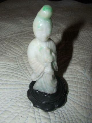 Rare White & Light Green Jade Figure On Wood Base.