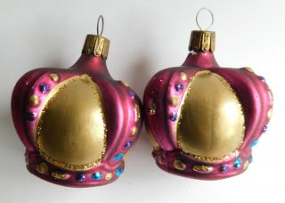 2 Vintage Czech Glass Gold Glittered Crown Christmas Ornament 2 1/2 " X 2 "