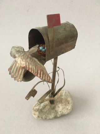 Vintage Copper Mixed Metal Bird Figurine With Mailbox Robin Eggs Bird Decor