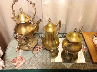 3 Piece Set Of Vintage Solid Brass Plated Silver? Teapot Genie Lamp Tilting