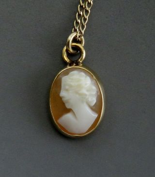 Antique C1900 14k Yellow Gold Hand Carved Shell Cameo Portrait Pendant Necklace