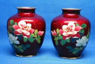 Cloisonne Vases,  Pigeon Blood Red,  Silver Under Foil,  Roses,  5 Inches Tall