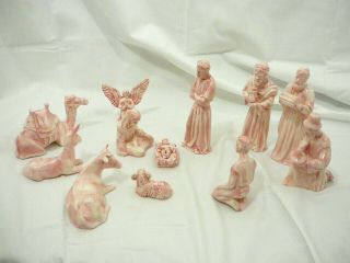 Vintage Ceramic Xmas White Pink Holy Family Nativity Animals 13 Piece Set C13