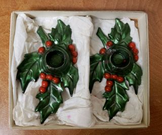 Vintage Cast Iron Colonial Christmas Holly & Berry Candle Holders