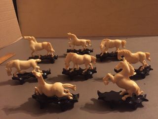 Vintage Horse Figurines Chinese Bovine Bone (hand - Carved 8 Horses With Stands)